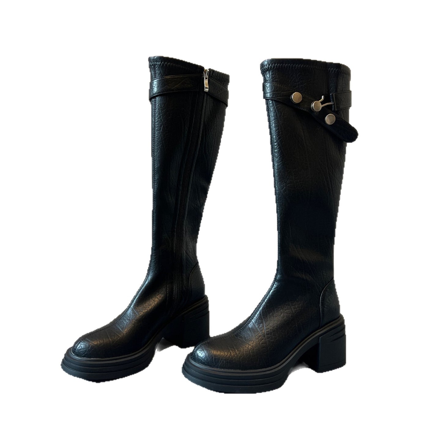 Women's High Skinny Leg Round Toe Slimming Knight Women's Leather Boots