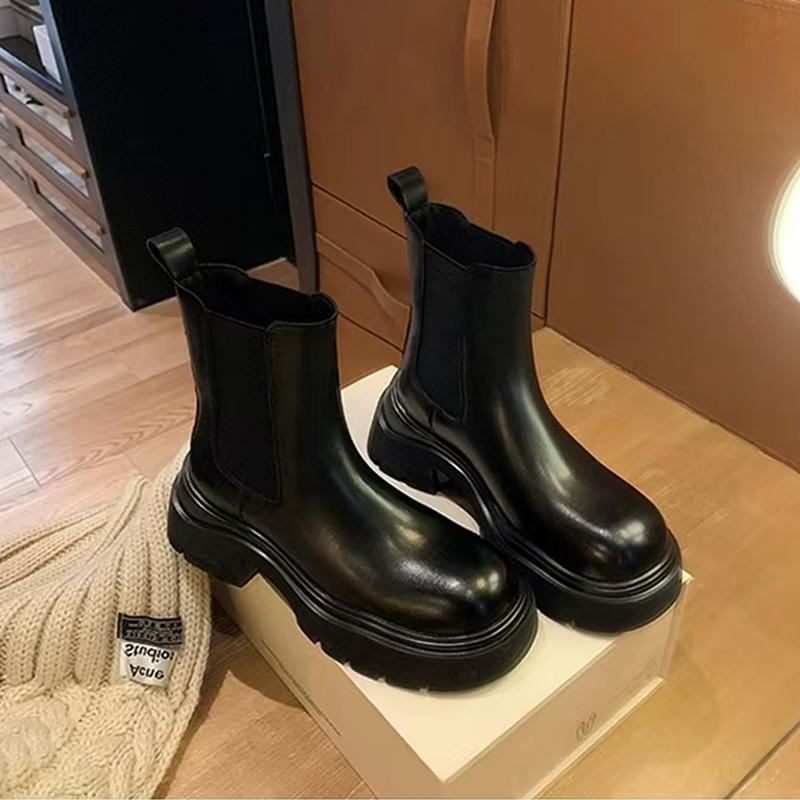 Women's Smoke Pipe British Style Platform Single Chelsea Black Martin Women's Leather Boots