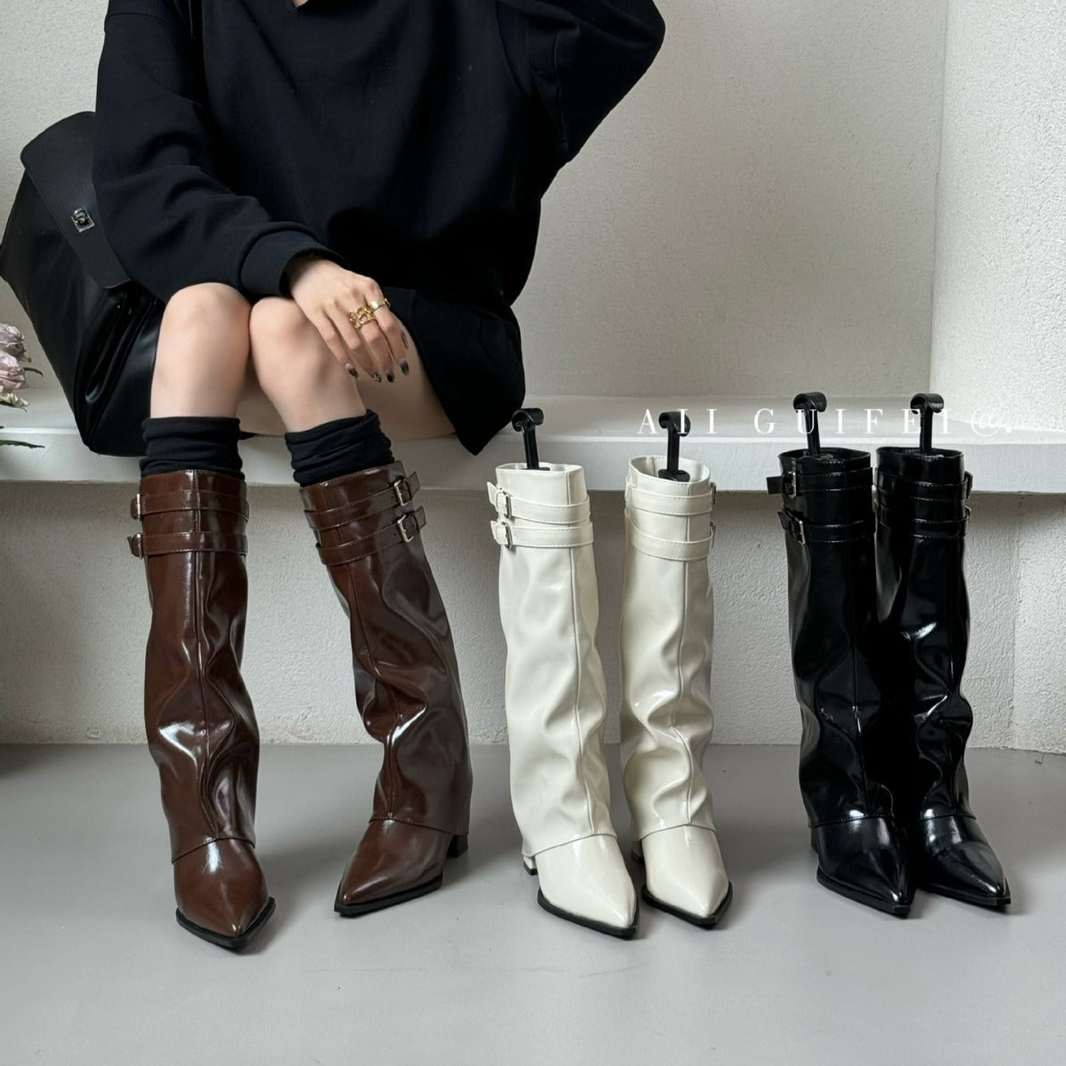 Style Fashionable Pantyhose Pointed Toe Thin Mid Below The Knee Boots