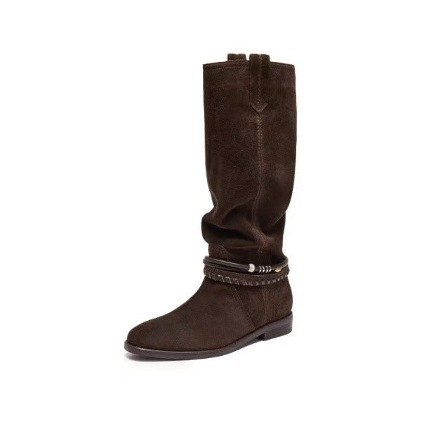 Women's Pastoral Retro Western Cowboy Elegant High-grade Pile Women's Leather Boots