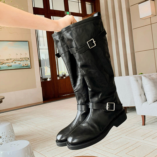 Head Fashionable Belt Buckle Chunky Long Female Women's Leather Boots