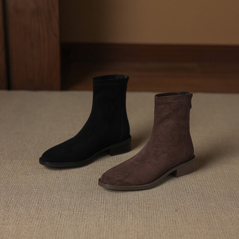 Women's Round Head Chunky Low Ankle Retro Back Zipper Women's Leather Boots