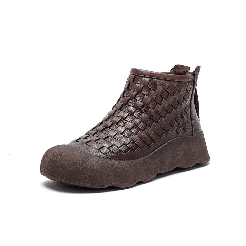 Women's Handmade Weave Vintage Booties Comfortable Platform Women's Leather Boots