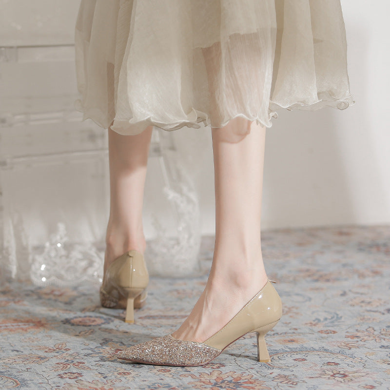Women's Banquet Dress Sequined Stiletto Patent Nude Single-layer French Wedding Heels