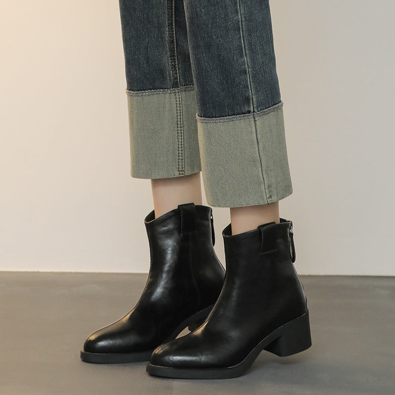 Women's Soft Bottom Chunky Short Commuter Thin Women's Leather Boots