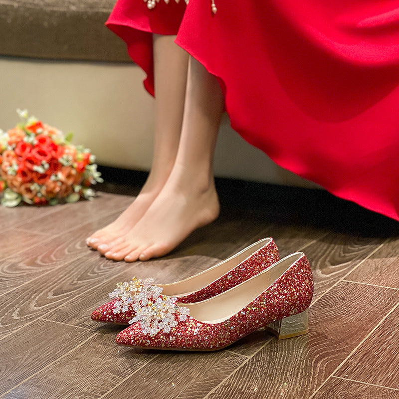Red Paillette Wedding Bridal With Evening Dress Pointed Toe Women's Fashion Shoes