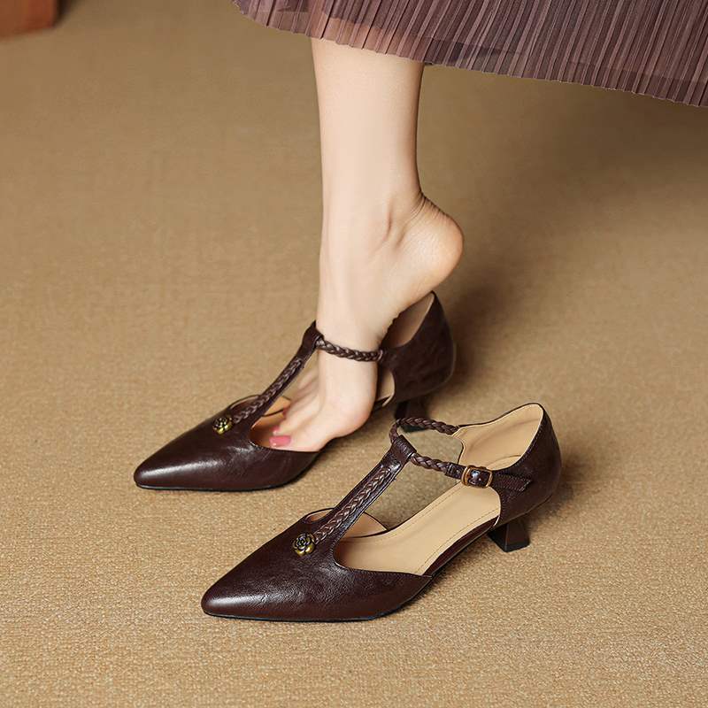 Women's French Retro Camellia Closed Toe Genuine High Heeled Sandals