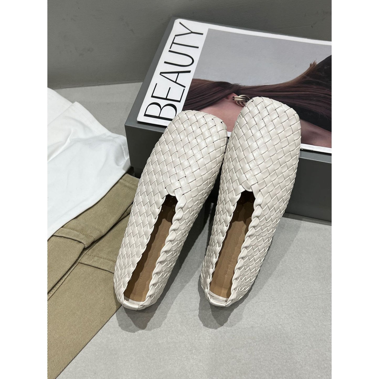 Women's Spring Woven French Retro Outer Wear Square Toe Korean Style Women's Casual Shoes