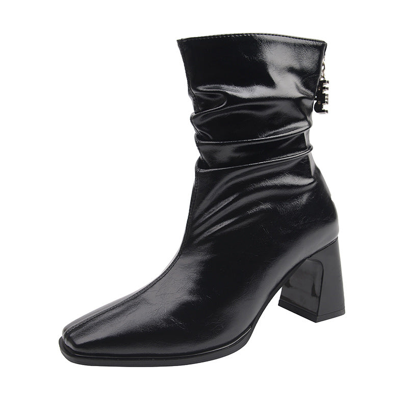 Women's Ankle Pleated Square Toe High Plus Women's Leather Boots