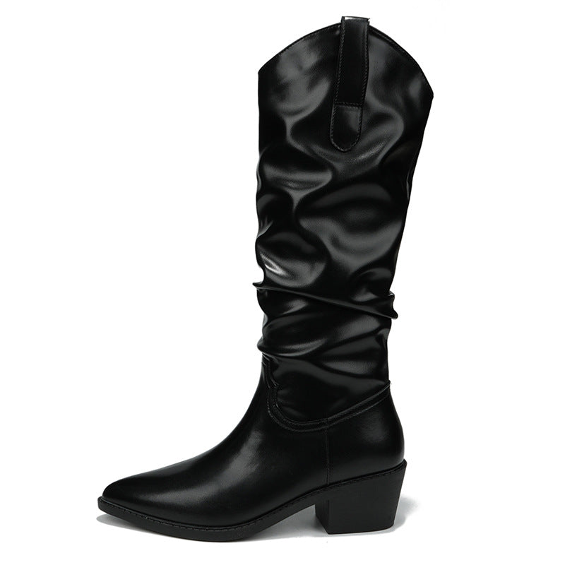 Women's Pointed Toe Pleated Chunky Long Elegant Slimming Pile Boots