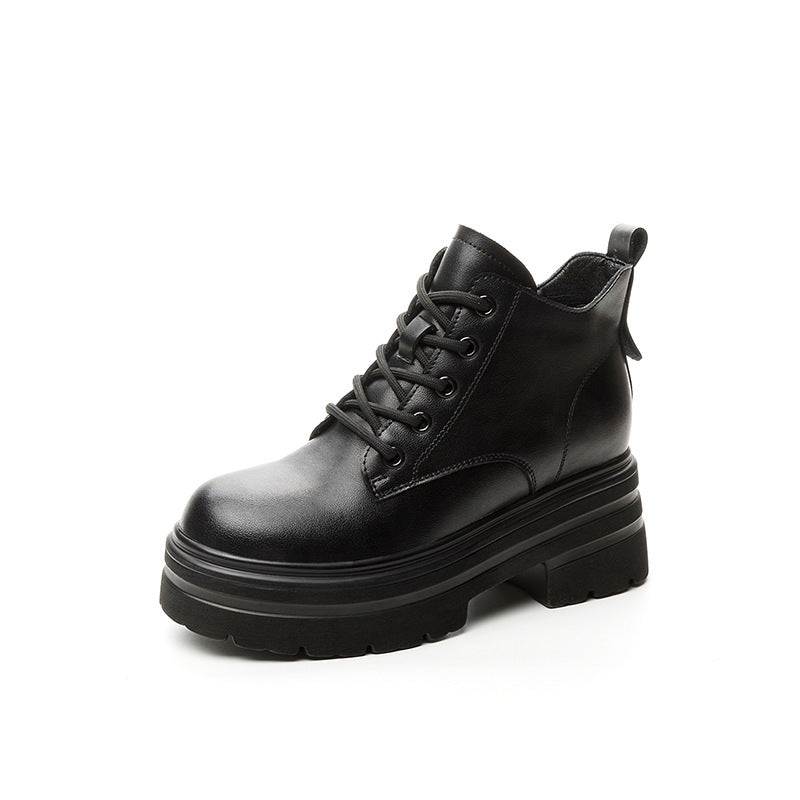 Women's Thick Bottom Increased Platform Lace Up Short Trendy Women's Leather Boots