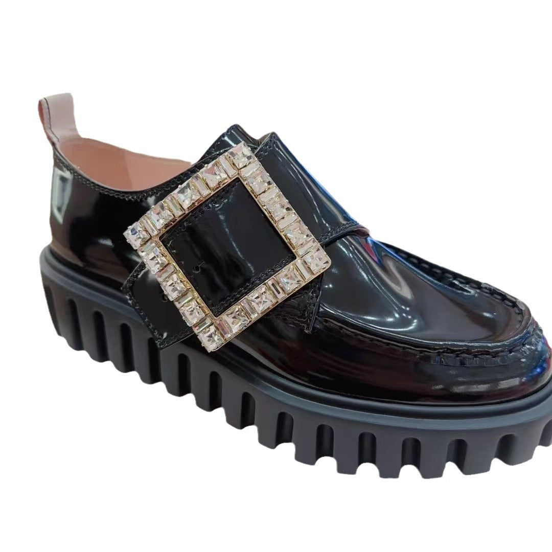 Women's British Style Rhinestone Square Buckle Platform Loafers