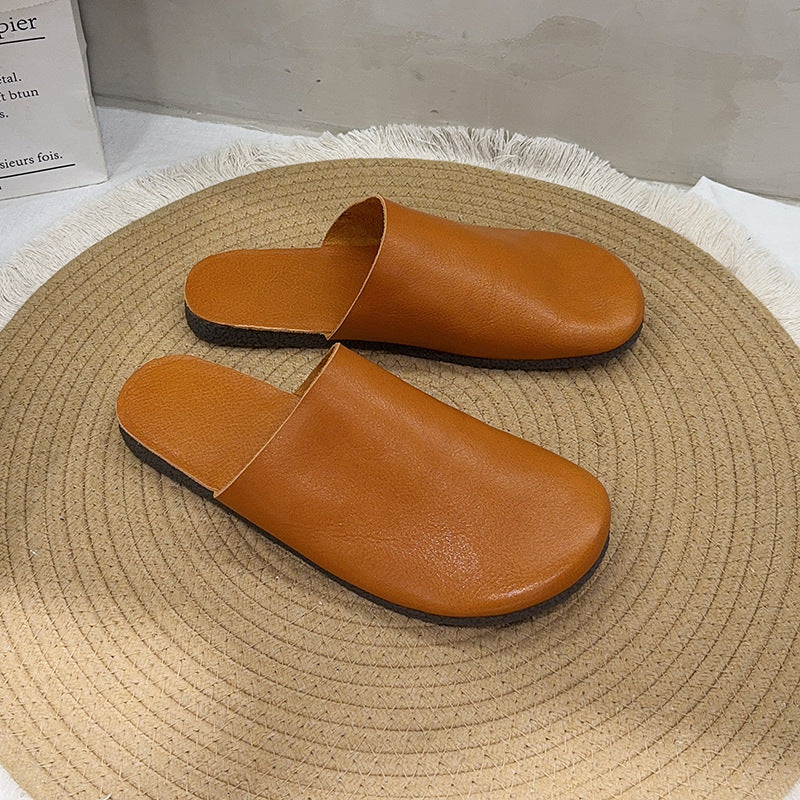 Women's Summer Fashion Round Toe Bottom Top Layer Cowhide Retro Closed Flat Slippers