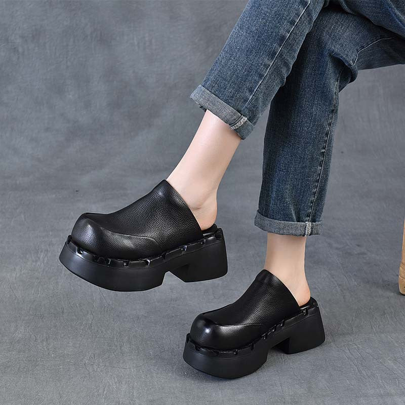 With First Layer Of Cowhide Retro Platform For Outer Thick-soles Slippers