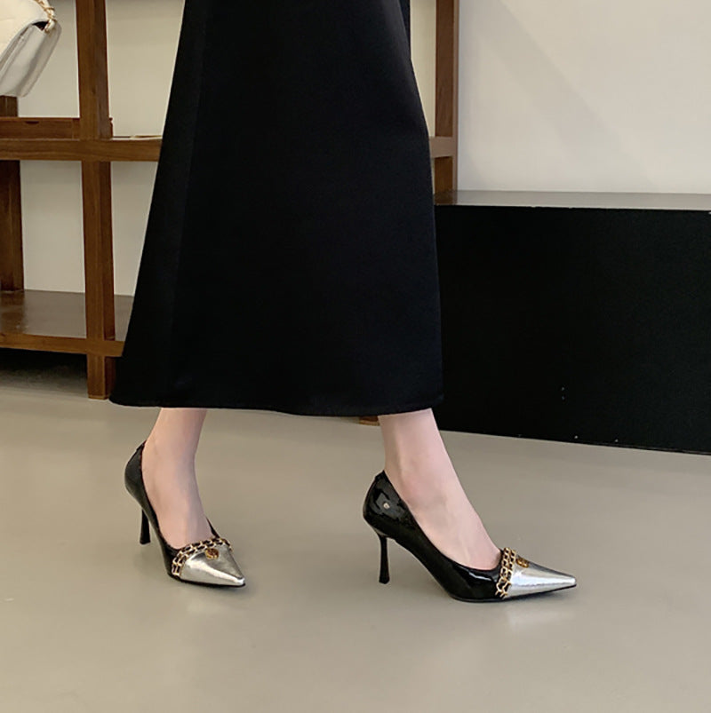 Winter High Metal Chain Stiletto Square Toe Pumps Light Luxury Heels