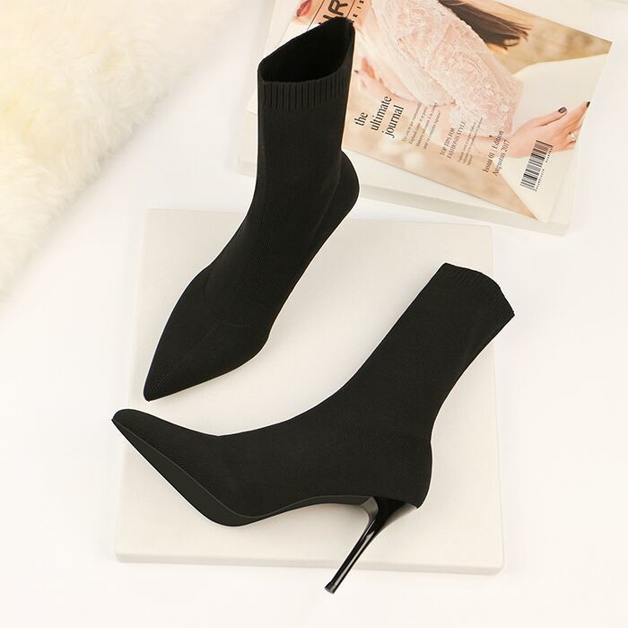 Women's Stiletto Pointed High Stretch Knitted Single-layer Slimming Large Size Versatile Women's Leather Boots