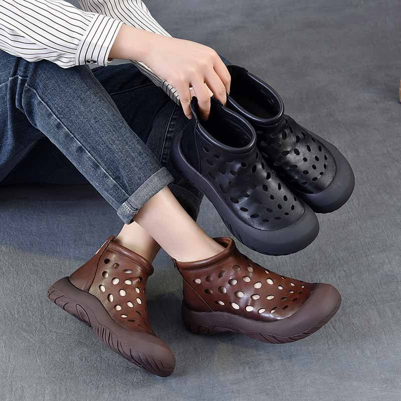 Women's Retro Cowhide Hollow Soft Bottom With First Layer Of Breathable Boots