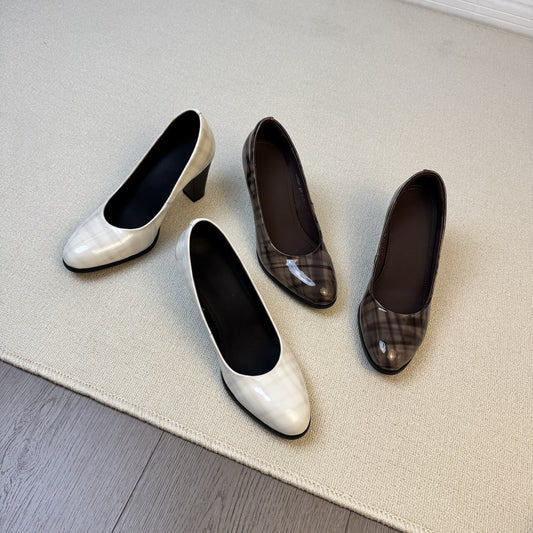 Pattern Brown Shiny Surface French Retro Chunky Round Head Shallow Women's Fashion Shoes