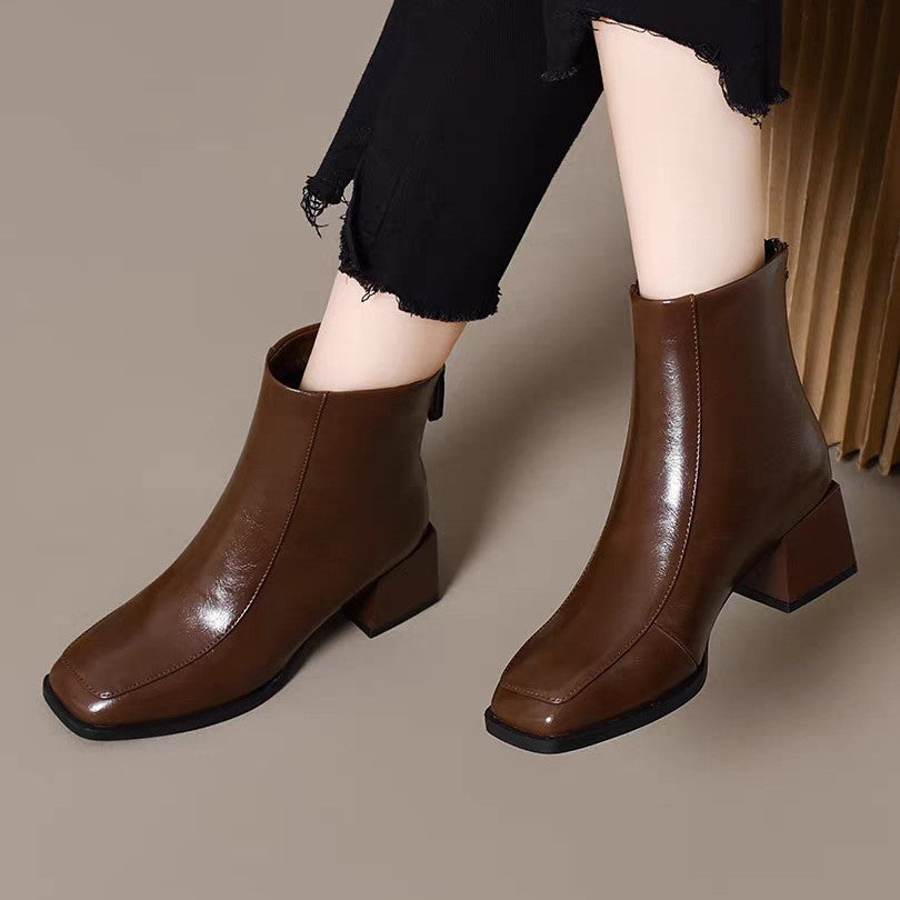 Women's For French Style Square Toe Slimming Stretch Thin British Comfortable Women's Leather Boots