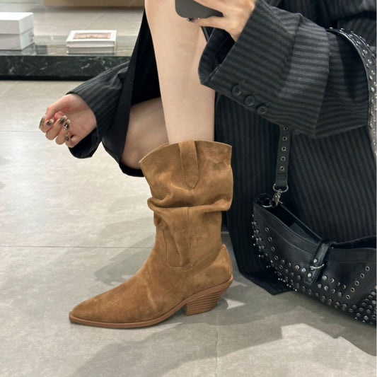 Versatile Retro Ankle Korean Style Chunky Sleeve Short Pleated Women's Leather Boots
