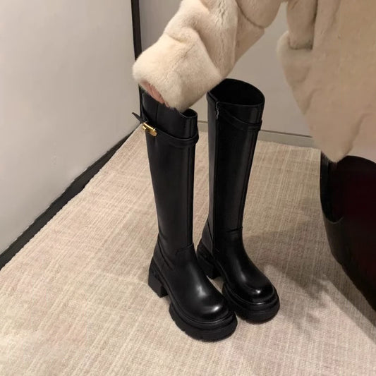 Small Golden Button Bevel Thick Bottom Boots