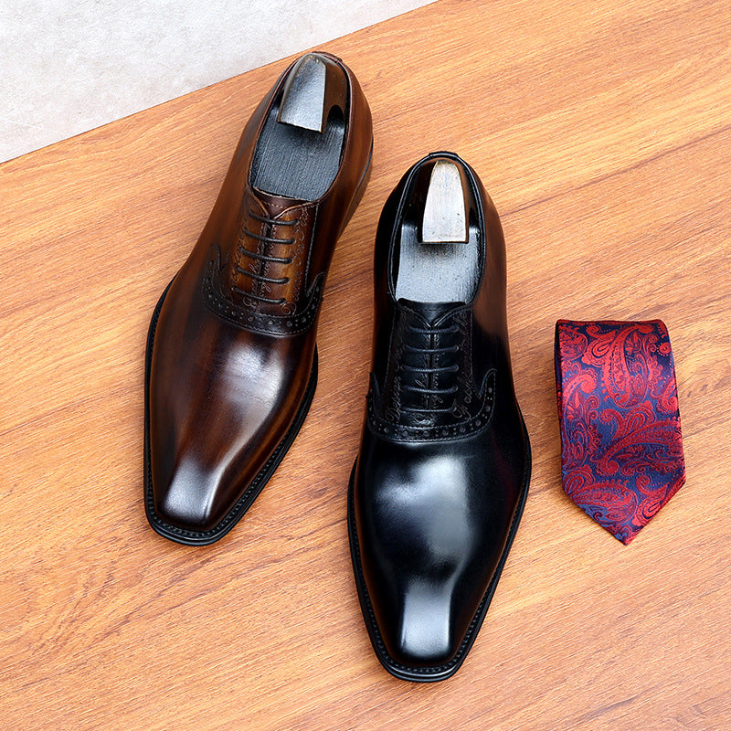 Men's Layer Cowhide Business Formal Wear Carved Genuine British Retro Leather Shoes