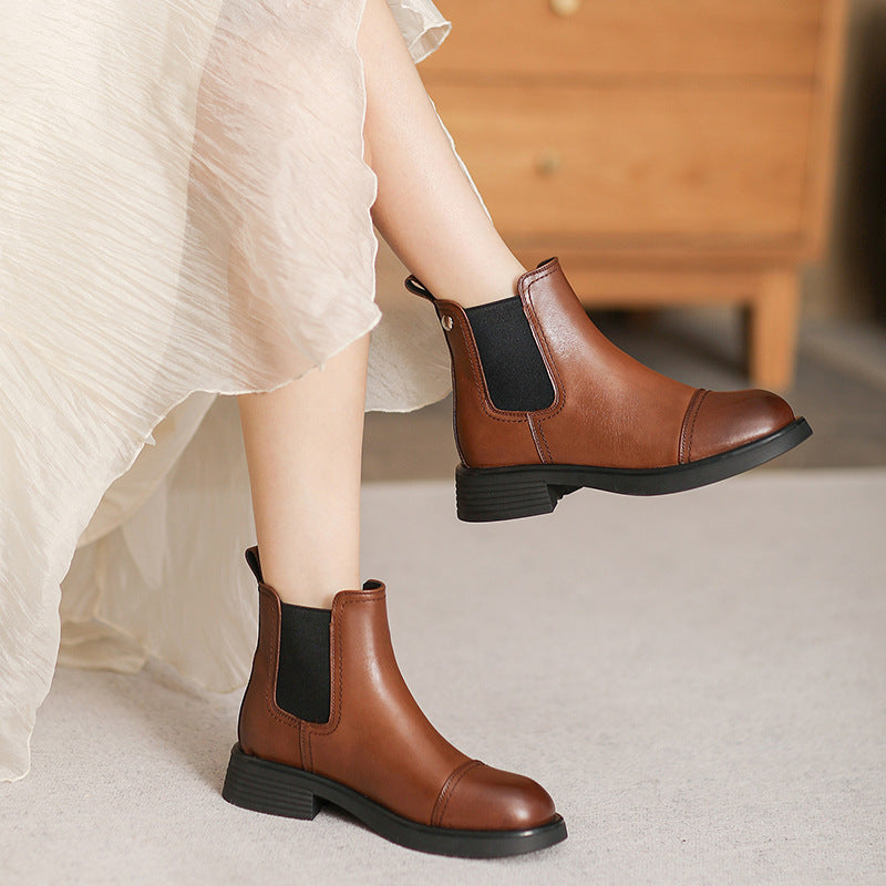 British Style Flat Cowhide Ankle Vintage Boots