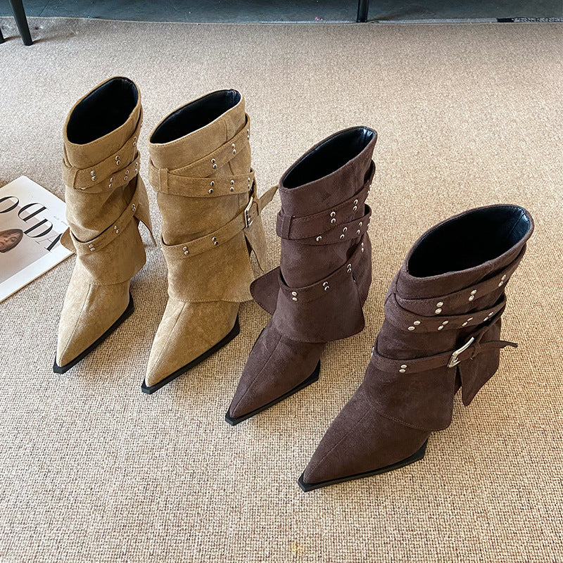 Women's Belt Buckle Wide Tube Fashion Skinny Stilettos Boots
