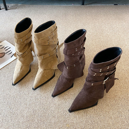 Women's Belt Buckle Wide Tube Fashion Skinny Stilettos Boots