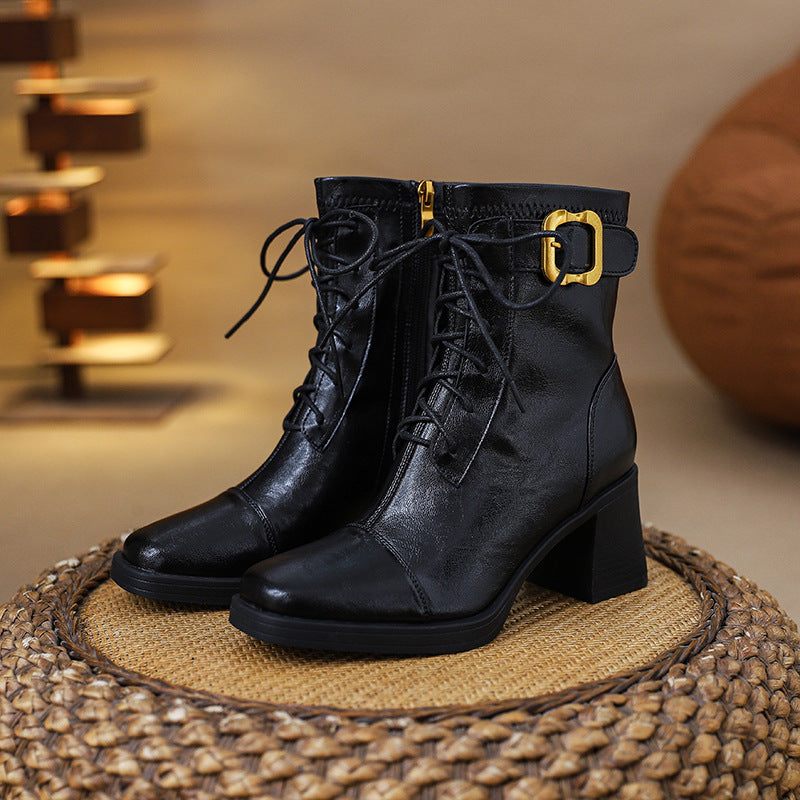 Women's Booties High Platform Martin Thick Gold Buckle Short Heels