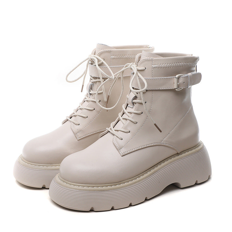 Women's Martin Chunky Ankle Vintage Buckle Fleece Lined Round Women's Leather Boots