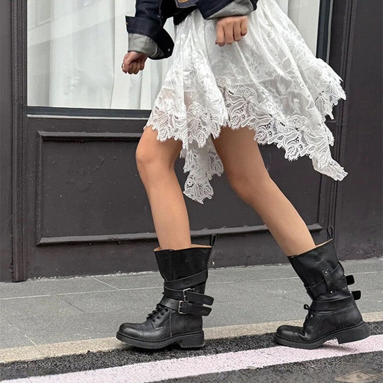 Women's Thick Bottom Retro Distressed Western Denim Women's Leather Boots