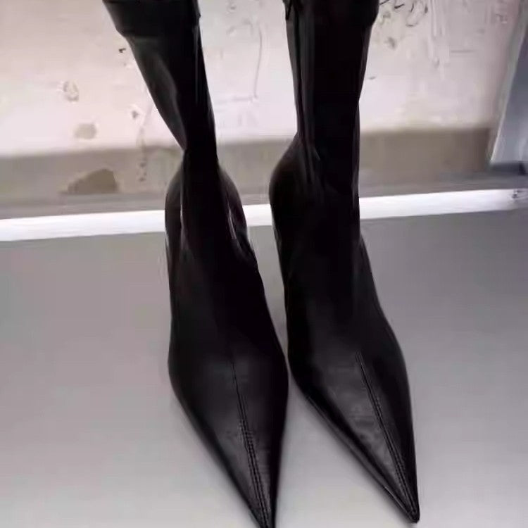 Women's Black Short Stretch Retro Skinny Stiletto Women's Leather Boots