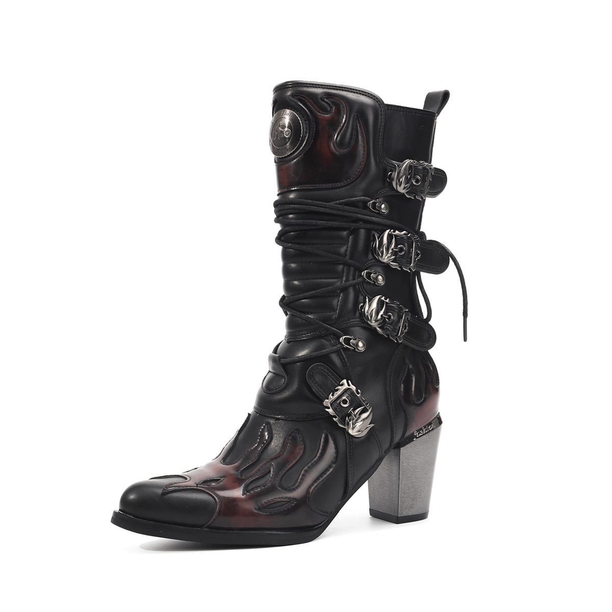 American Size Brushed Flame Middle Side Zipper Fashion Retro High Women's Leather Boots
