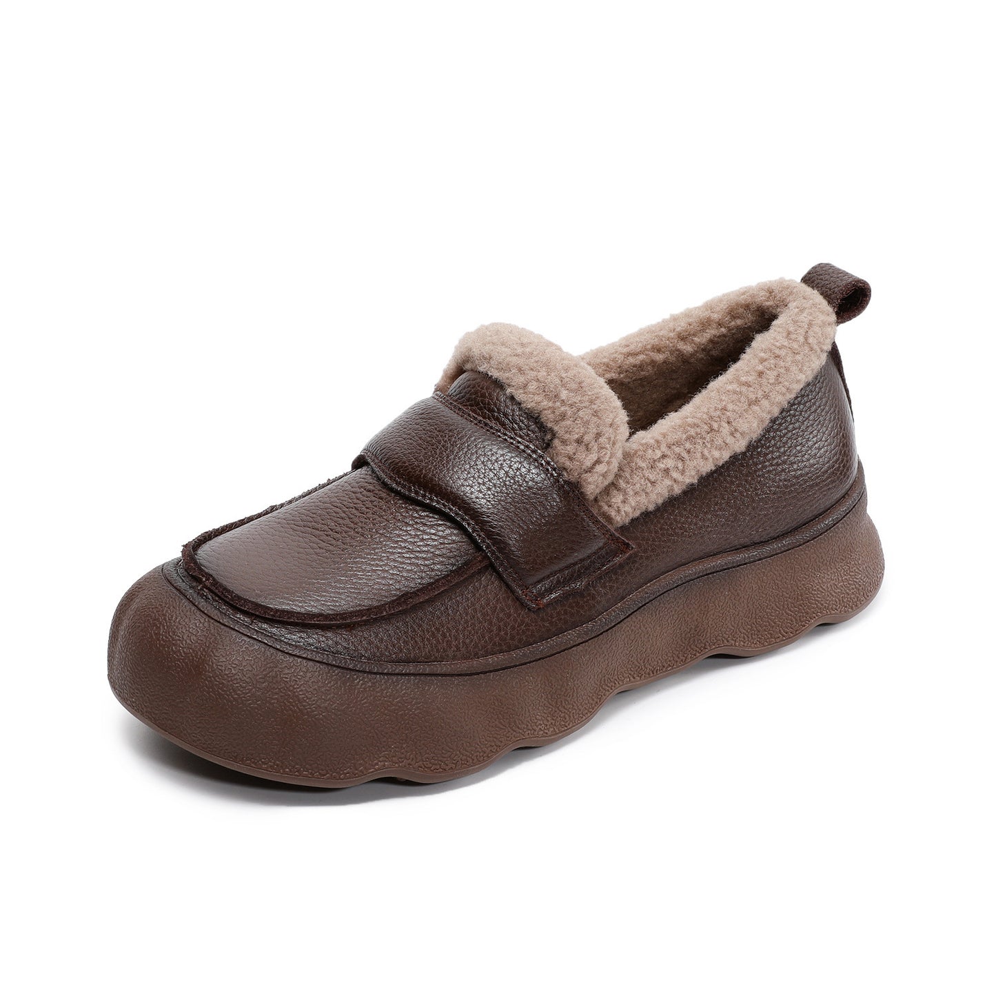 Layer Cowhide Slip-on Furry Mouth Flat Bottom Soft Leather Shoes
