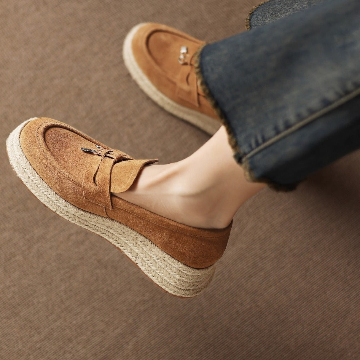Women's Genuine Fisherman Platform Nude Slip-on Leather Shoes