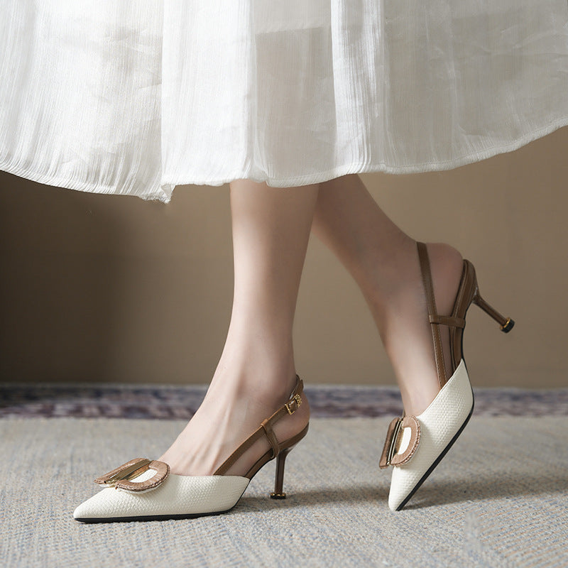 Beautiful Elegant Linen Soft Surface Pointed Stiletto Female Word Strap High Heeled Sandals