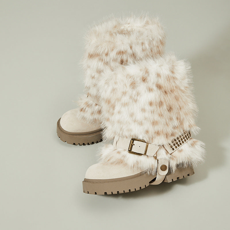 Women's Platinum Round Head Warm Imitation Fur Thick Millennium Style Hot Women's Snow Boots