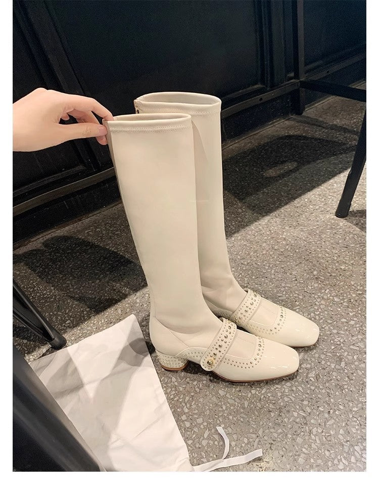 Head Rivet Back Zipper Tube Springy Women's Leather Boots