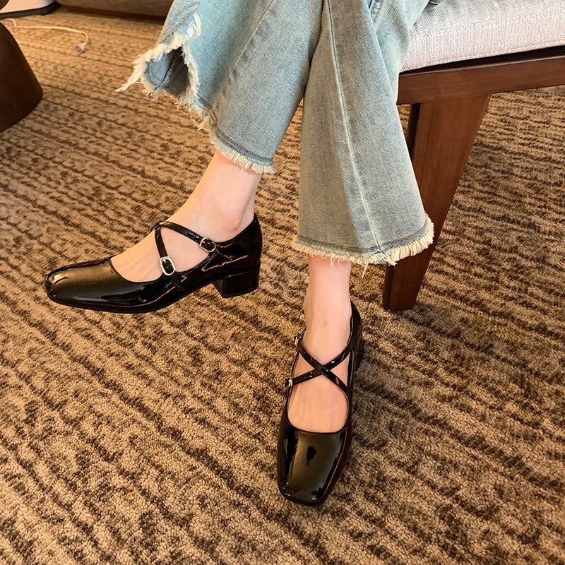Women's Square Toe Cross Strap Mary Jane Heels