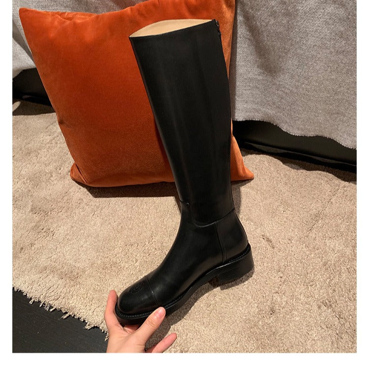 Women's Cowhide Version Winter Below The Knee Thin Thick Bottom Boots