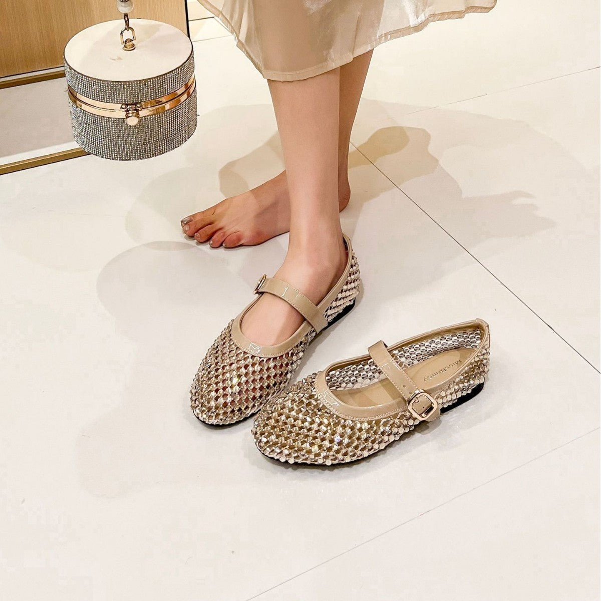 Diamond Mary Jane Summer Elegant Cowhide Flat Soft Sandals