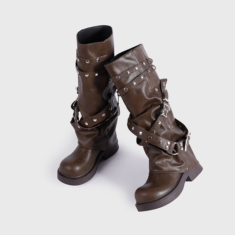 Women's Niche Design Retro Round Toe Rivet Knight Autumn Women's Shoes