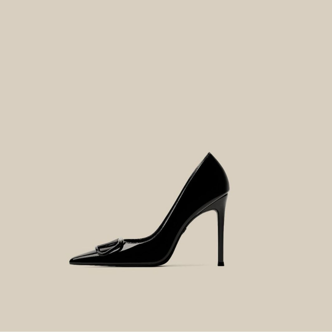 Women's Toe Black Buckle Patent Super High Low Women's Shoes