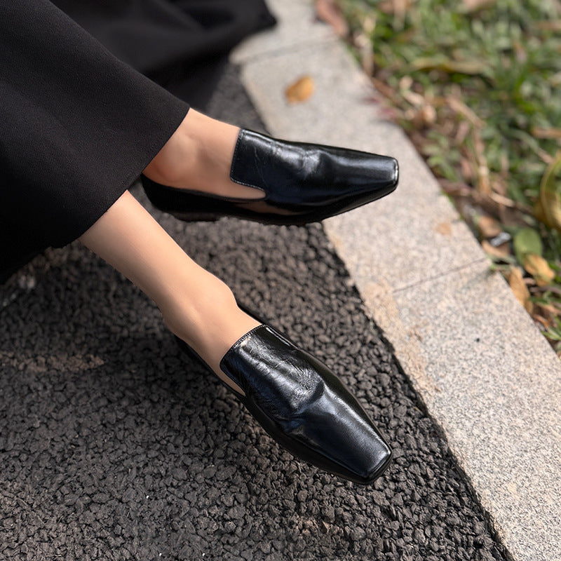 Women's Spring Cowhide Square Toe Flat Authentic Loafers