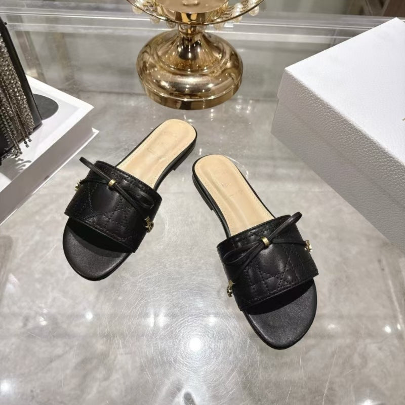 Quality Summer Electric Embroidery Rattan Plaid Bow Open Toe Flat Slippers