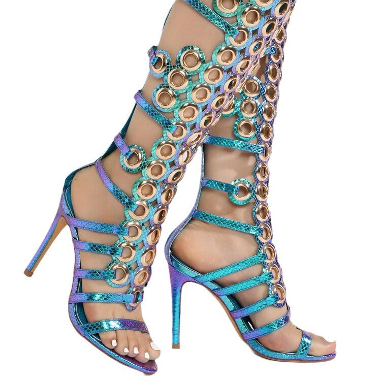 Fashion Metal Large Hollow Stiletto Open High Heeled Sandals