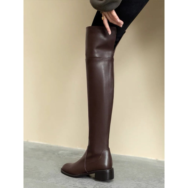 Women's Fashionable Round Toe Low Elastic Stitching Slimming Side Boots