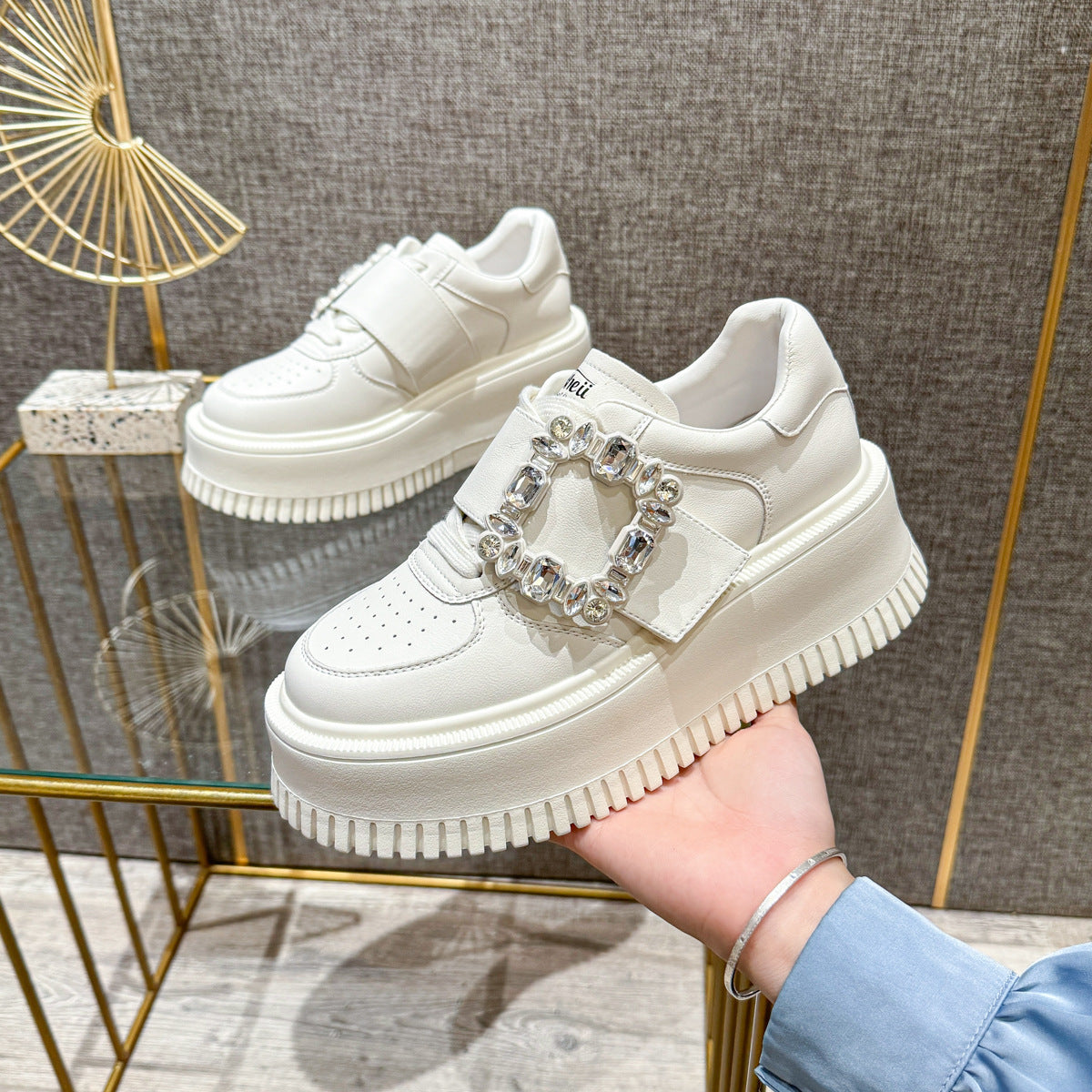 Women's Increasing White Hidden Platform Spring Square Women's Casual Shoes
