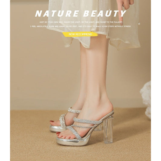 Women's Sier Rhinestone Transparent Thick Bottom Fashion Sexy Flip-flops High Heeled Sandals
